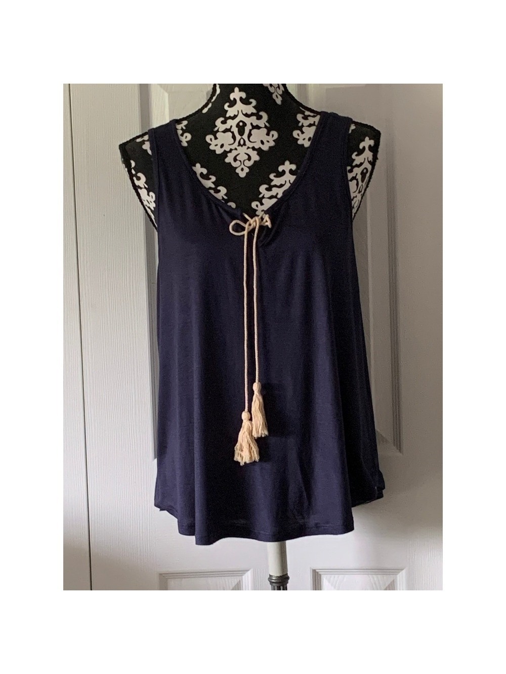 2 Hearts Navy Blue Sleeveless Tank Top with Tassel Tie